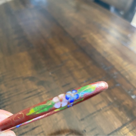 Vintage Cloisonné Enamel Hand Painted Small Bangle Bracelet Red/Flowers - Picture 5 of 6